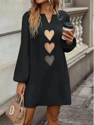 Kadın Uzun Kollu V Yakalı Kalp Desenli Mini Ithal Krep Elbise