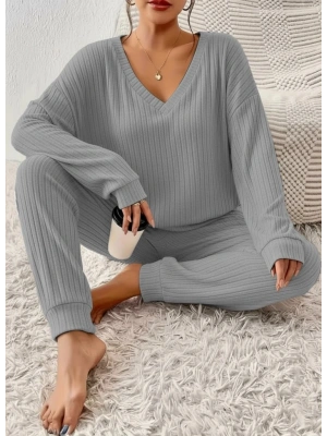 Kadın Uzun Kollu V Yakalı Kaşkorse Bluz Ve Pantolon Ikili Takım