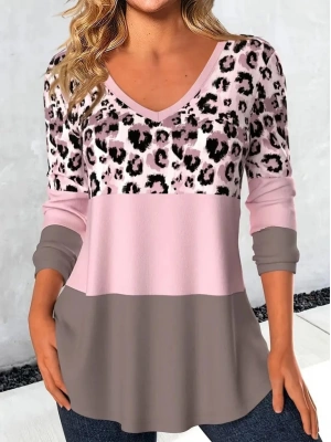Kadın Uzun Kollu V Yakalı Leopar Baskılı şardonlu Dalgıç Bluz