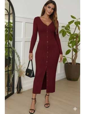 Kadın Uzun Kollu V Yakalı önden Düğmeli şardonlu Kaşkorse Elbise