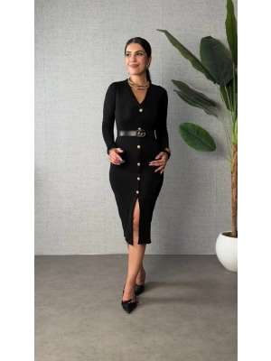 Kadın Uzun Kollu V Yakalı önden Düğmeli Yırtmaçlı Modal Midi Kemersiz Elbise