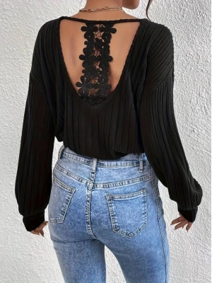 Kadın Uzun Kollu V Yakalı Pencere Sırt Dantel Detaylı Kalın Fitilli Kaşkorse Bluz