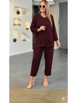Kadın Uzun Kollu V Yakalı Pulpayet Viskon Iki Iplik Bluz Ve Pantolon Takım