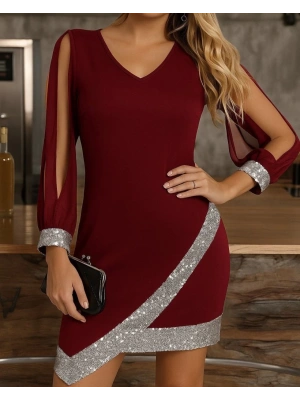 Kadın Uzun Kollu V Yakalı Pulpayetli Ithal Krep Elbise