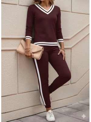Kadın Uzun Kollu V Yakalı Ribanalı Viskon Iki Iplik Bluz Ve Pantolon Ikili Takım