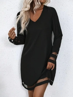 Kadın Uzun Kollu V Yakalı şeritli Tül Detaylı Ithal Krep Elbise