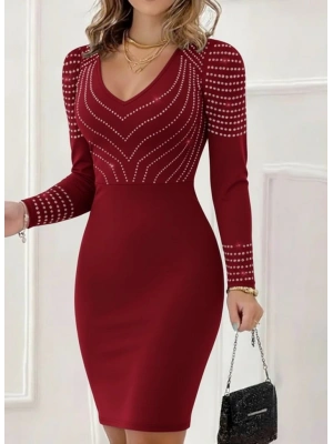 Kadın Uzun Kollu V Yakalı Taşlı Mini Ithal Krep Elbise