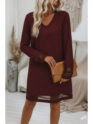 Kadın Uzun Kollu V Yakalı Tül şerit Detaylı Mini Krep Elbise