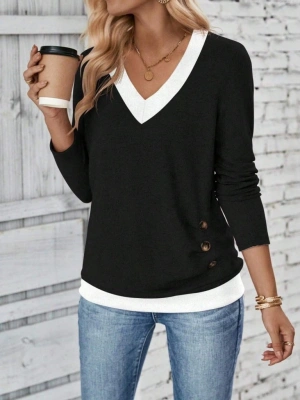 Kadın Uzun Kollu V Yakalı Yandan Düğmeli Yün Viskon Bluz