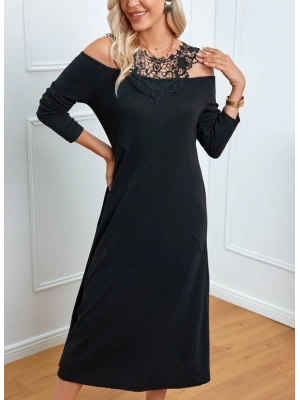 Kadın Uzun Kollu Yaka önü Güpürlü Madonna Yaka Viskon Midi Boy Elbise