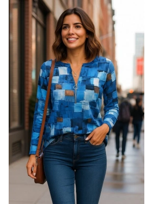 Kadın Uzun Kollu Yakadan Fermuarlı Kot Görünüm Desenli Uzun Modal Bluz