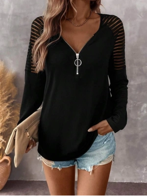 Kadın Uzun Kollu Yakadan Fermuarlı Viskon Bluz