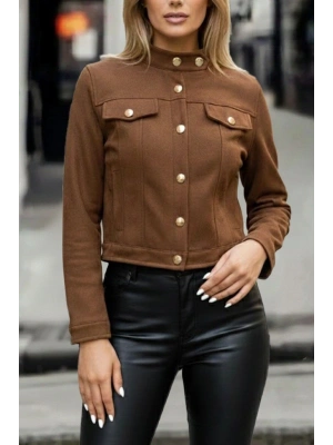Kadın Uzun Kollu Yakadan Ve önden Düğmeli Süet Kısa Ceket