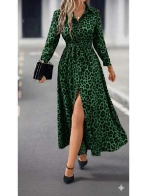 Kadın Uzun Kollu Yakalı Belden Kuşaklı Leopar Desenli Modal Uzun Elbise