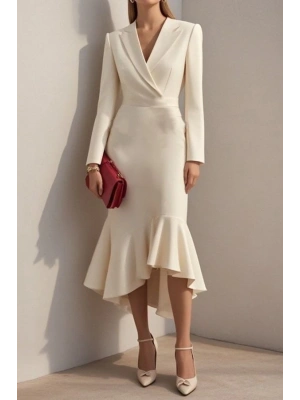 Kadın Uzun Kollu Yakalı Belden Oturtmalı Midi Ithal Krep Elbise