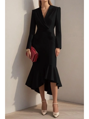 Kadın Uzun Kollu Yakalı Belden Oturtmalı Midi Ithal Krep Elbise