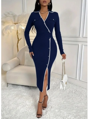 Kadın Uzun Kollu Yakalı Cepli Düğmeli Yırtmaç Detaylı Modal Uzun Elbise