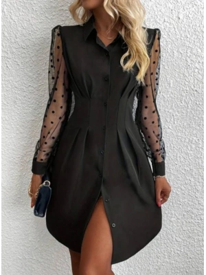 Kadın Uzun Kollu Yakalı Düğmeli Mini Ithal Krep Elbise