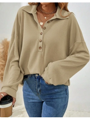 Kadın Uzun Kollu Yakalı Düğmeli Salaş Waffle Bluz