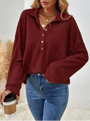 Kadın Uzun Kollu Yakalı Düğmeli Salaş Waffle Bluz