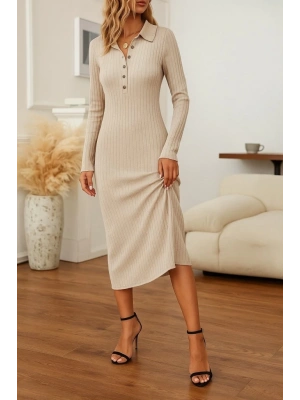 Kadın Uzun Kollu Yakalı Düğmeli şardonlu Kaşkorse Elbise