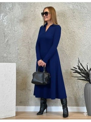 Kadın Uzun Kollu Yakalı Midi Viskon Iki Iplik Elbise