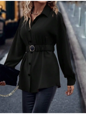 Kadın Uzun Kollu Yakalı önden Düğmeli Belden Kemerli Ithal Krep Bluz