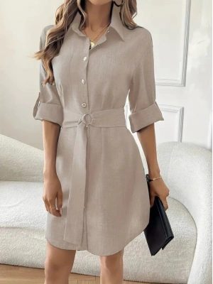 Kadın Uzun Kollu Yakalı önden Düğmeli Beli Kuşaklı Mini Ithal Keten Elbise