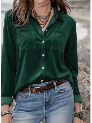 Kadın Uzun Kollu Yakalı önden Düğmeli Cep Detaylı Kadife Gömlek