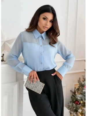 Kadın Uzun Kollu Yakalı önden Düğmeli Tül Detaylı Dokuma Viskon Bluz