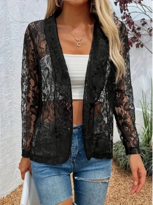 Kadın Uzun Kollu Yakalı önü Açık Dantelli Ceket