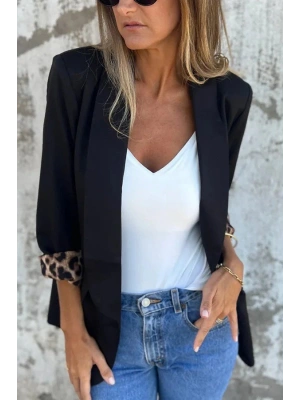 Kadın Uzun Kollu Yakalı önü Açık Leopar Desen Detaylı Astarlı Atlas Ceket