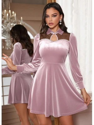 Kadın Uzun Kollu Yakalı Tül Detaylı Incili Mini Kadife Elbise