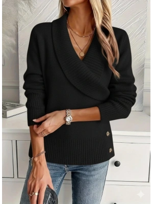 Kadın Uzun Kollu Yakalı Yandan Düğmeli Triko Bluz