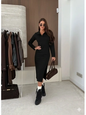 Kadın Uzun Kollu Yakalı Yandan Yırtmaçlı Midi Modal Elbise