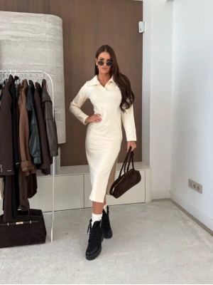 Kadın Uzun Kollu Yakalı Yandan Yırtmaçlı Midi Modal Elbise