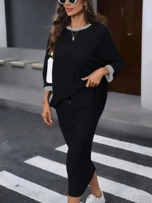 Kadın Uzun Kollu Yakası Açık şardonlu Kaşkorse Bluz Ve Eteği Bağcıklı Ikili Takım