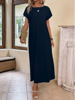 Kadın Uzun Kollu Yakası Açık Viskon Elbise