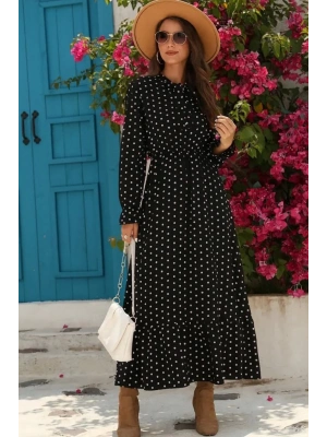 Kadın Uzun Kollu Yakası Bağcıklı Uzun Puantiyeli Krep Maxi Elbise