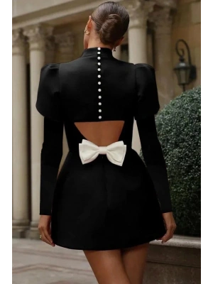 Kadın Uzun Kollu Yarı Balıkçı Yaka Arkadan Kurdela Detaylı Mini Atlas Elbise