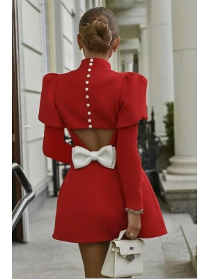 Kadın Uzun Kollu Yarı Balıkçı Yaka Arkadan Kurdela Detaylı Mini Atlas Elbise