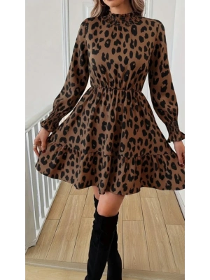 Kadın Uzun Kollu Yarı Balıkçı Yaka Leopar Desenli Modal Mini Elbise