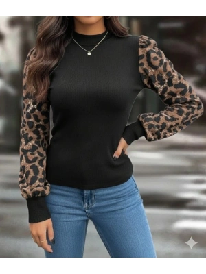 Kadın Uzun Kollu Yarı Balıkçı Yaka Leopar Detaylı Kaşkorse Bluz