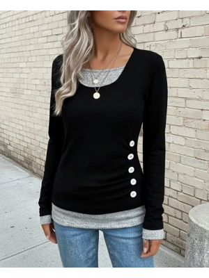 Kadın Uzun Kollu Yuvarlak Yaka Blok Renkli Yandan Düğmeli Viskon Bluz