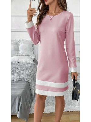 Kadın Uzun Kollu Yuvarlak Yaka Etek Ucu şerit Detaylı Mini Dalgıç Elbise