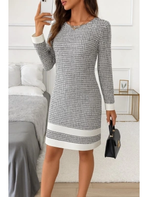 Kadın Uzun Kollu Yuvarlak Yaka Etek Ucu şerit Detaylı Mini Dokuma Elbise