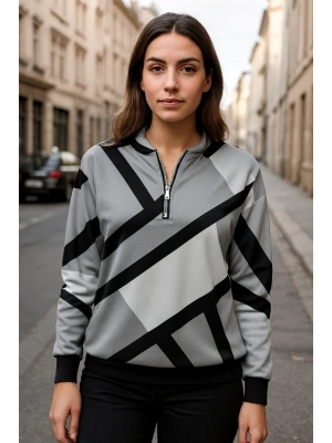 Kadın Uzun Kollu Yuvarlak Yaka Fermuarlı Desenli şardonlu Bluz