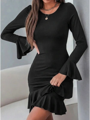 Kadın Uzun Kollu Yuvarlak Yaka Fırfırlı Kol Ucu Volanlı Janjan Krep Mini Elbise