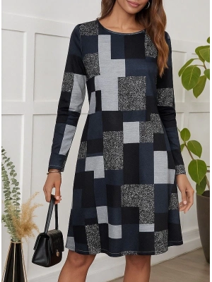 Kadın Uzun Kollu Yuvarlak Yaka Geometrik Süprem Elbise