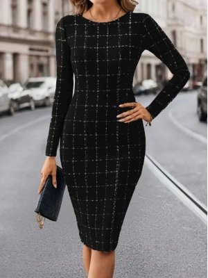 Kadın Uzun Kollu Yuvarlak Yaka Mini Dokuma Elbise